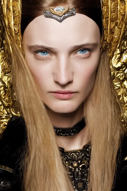 Prompt: A beautiful portrait of Daria Strokous smiling as mistress Denna from The Legend of The Seeker as a Versace fashion model Spring/Summer 2010, highly detailed, in the style of cinematic, Getty images, Milan fashion week backstage, Extreme close up, Makeup by Pat McGrath, Hair by Guido Palau, Greg rutkowski
