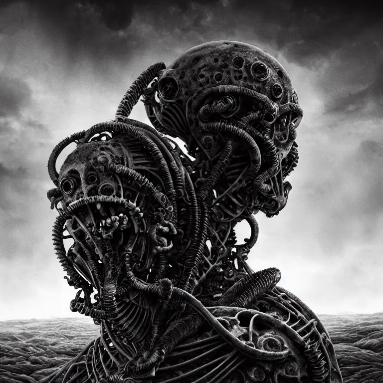 Image similar to portrait of ribbed abandoned biomechanical man with a spaceship on exoplanet in a desolate empty wasteland, creepy, nightmare, dream-like heavy atmosphere, surreal abandoned buildings, baroque painting, beautiful detailed intricate insanely detailed octane render trending on Artstation, 8K artistic photography, photorealistic, chiaroscuro, cinematic volumetric light, Raphael, Caravaggio, Beksinski, Giger