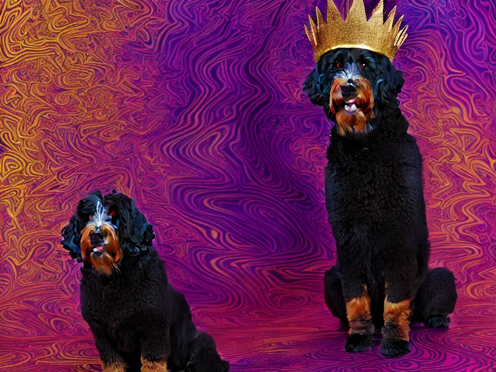 Prompt: beautiful bernedoodle with a gold crown by alex grey + orchids dripping black iridescent liquid, winged victory, moody, dramatic, introspective, marble columns in background, transcendent, vibrant color, ornamented, clean linework, finely detailed, 4 k, trending on artstation, photorealistic, volumetric lighting, octane render