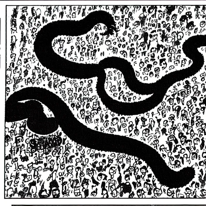 Image similar to a still frame from comic strip, black fluffy hairy snake 1 9 5 0, herluf bidstrup, new yorker illustration, monochrome contrast bw, lineart, manga, tadanori yokoo, simplified,