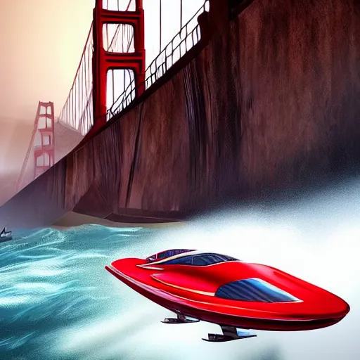 Image similar to concpet art featuring a futuristic red racing speedboat designed in the style of ferrari racing under the golden gate bridge. fine detail. surf. this 4 k hd image is trending on artstation, featured on behance, well - rendered, extra crisp, features intricate detail, epic composition and the style of unreal engine.