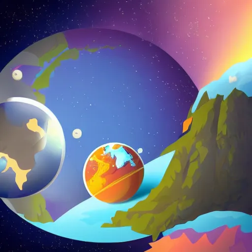 Image similar to cartoon illustration of a bear mascot being launched from a futuristic marble planet, purple and orange cloudland