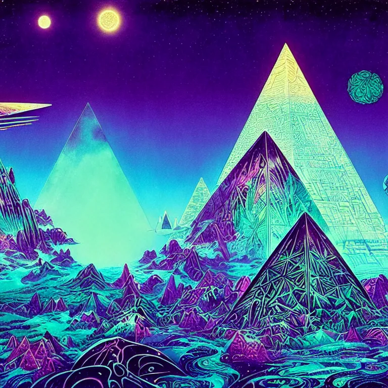 Image similar to mysterious ufo hovers over mythical crystal pyramid, fractal waves, pink ringed moon, bright neon colors, highly detailed, cinematic, eyvind earle, tim white, philippe druillet, roger dean, ernst haeckel, lisa frank, aubrey beardsley