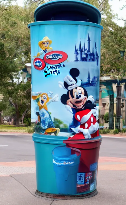 Prompt: Karen on a billboard advertising Disney trash cans