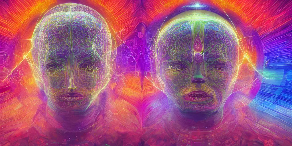 Image similar to ai transcendence into collaborative intelligence, connectedness, body, by alex grey, album cover, award winning, beautiful, colorful, volumetric lighting, trending on artstation