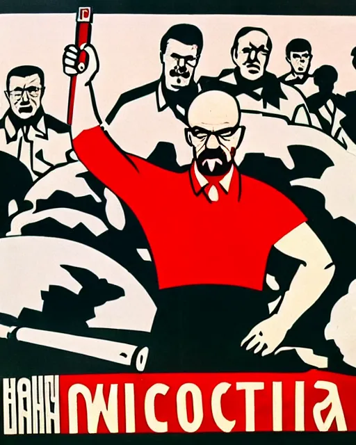 Prompt: soviet communist propaganda poster of walter white as a farmer with his closed fist up in the air, hammer and sickle, happy