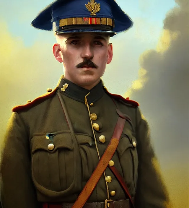 Image similar to wwi officer ceremonial dress, british, first world war, blue sky, 2 0 th century, sunny, detailed, volumetric, cinematic lighting, realistic, digital art by greg rutkowski