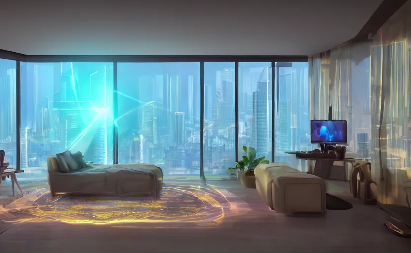 Image similar to futuristic luxury condo interior with three dimensional holographic projection displays and modern sleek furniture by studio ghibli animated film, global illumination, beautiful composition, volumetric lighting, octane render by alena aenami, highly detailed