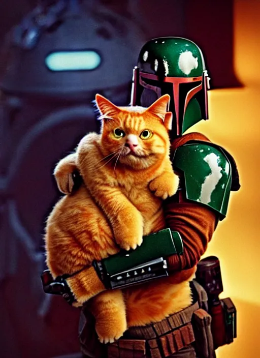 Image similar to boba fett holding a fat ginger cat in his arms, star wars, beautiful glowing lights, sci - fi, stunning, intricate, elegant. highly detailed, film still.