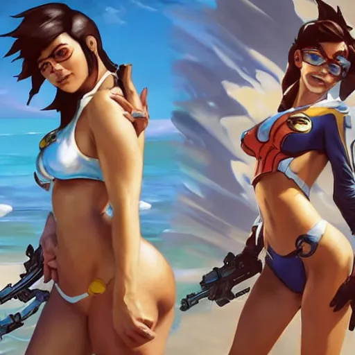 Prompt: greg manchess splashart painting of overwatch's tracer in a bikini promotional skin, overwatch art team, cinematic composition, award winning art, octane render, assymetrical, in the beach