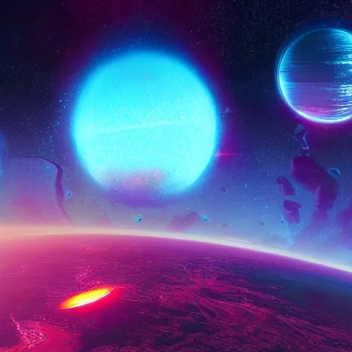 Image similar to planet in space, neon, retro, synthwave, 4 k, highly detailed, cgsociety, trending on artstion, matte painting, concept art, artdevian, digital art