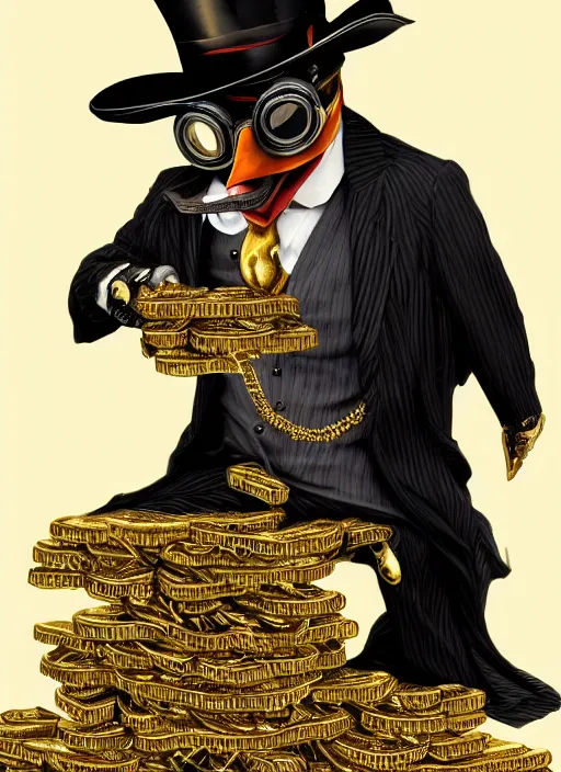 Image similar to athropomorphized rich penguin capitalist sitting on pile of gold, wearing steampunk top hat, goggles, drinking tea, concept art, insanely detailed and intricate, hypermaximalist, elegant, ornate, hyper realistic, super detailed, art deco, cinematic, trending on artstation, magic the gathering artwork, centered