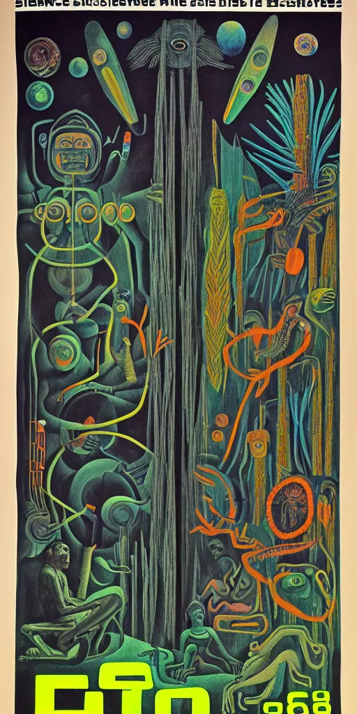 Prompt: 1968 science fiction movie poster, cut out collage, neon mayan, deep winter on Venus, epic theater, deep forest creatures, mountain plants, drawings in part by Diego Rivera, part by Ernst Haekl, text by William S Boroughs, written by Michael Ende