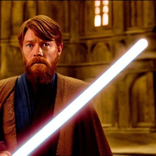 Image similar to film still, obi wan kenobi in the last harry potter movie,