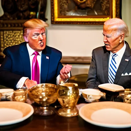 Image similar to Trump and Biden having dinner at a fancy Balinese restaurant, award winning photography, 85mm, perfect faces