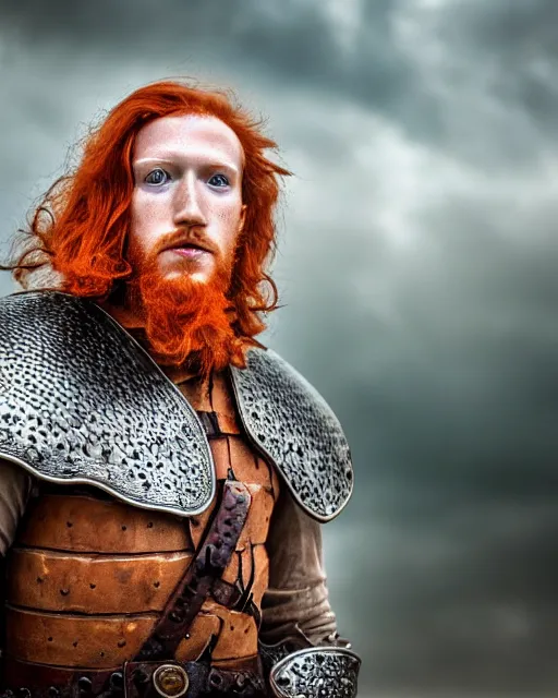 Image similar to northern Mark Zuckerberg warrior, red hair, ginger hair, long hair, fantasy, Viking, high detailed, photography, cloudy, lightweight leather armour, Scandinavia, plain, detailed face, beautiful face, look into the distance, professional model, glowing skin, serious face, full body, professional photographer, masterpiece, 50 mm, 8k, 3D