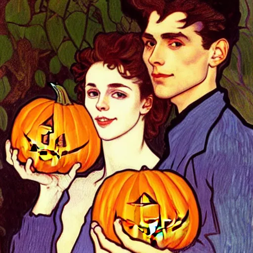 Image similar to painting of handsome young delicate beautiful jeffrey in his 2 0 s with brown hair and gorgeous rina together at the jack o'lantern halloween party holding pumpkins, elegant, clear, painting, stylized, art, art by alphonse mucha, vincent van gogh, egon schiele,