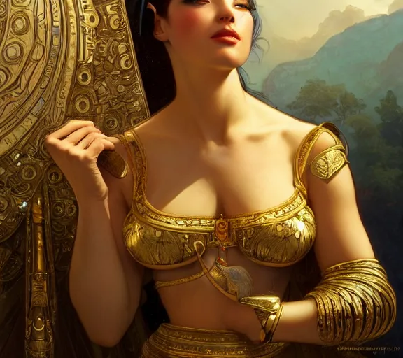 Image similar to photography of sensual cleopatra with hands - up, deep focus, intricate, elegant, highly detailed, digital painting, artstation, concept art, matte, sharp focus, illustration, art by artgerm and greg rutkowski and alphonse mucha and gil elvgren