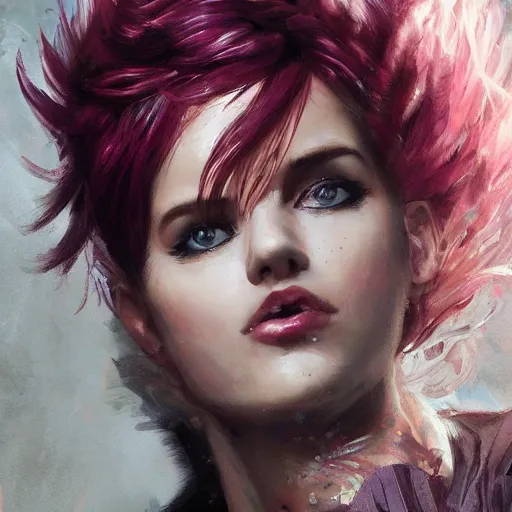 Image similar to portrait of a young woman with short pink spiky hair and dark eyes, intricate, elegant, highly detailed, digital painting, artstation, concept art, sharp focus, illustration, art by aleksi briclot, rutkowski