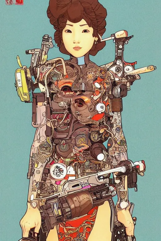 Prompt: beautiful cyborg police portrait girl female illustration detailed patterns art of thai traditional dress, pop art, splash painting, art by geof darrow, ashley wood, alphonse mucha, makoto shinkai