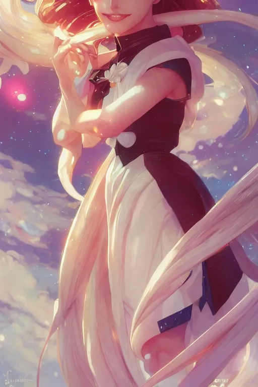 Prompt: Sailor Moon slight smile, highly detailed, digital painting, artstation, concept art, sharp focus, illustration, art by artgerm and greg rutkowski and alphonse mucha