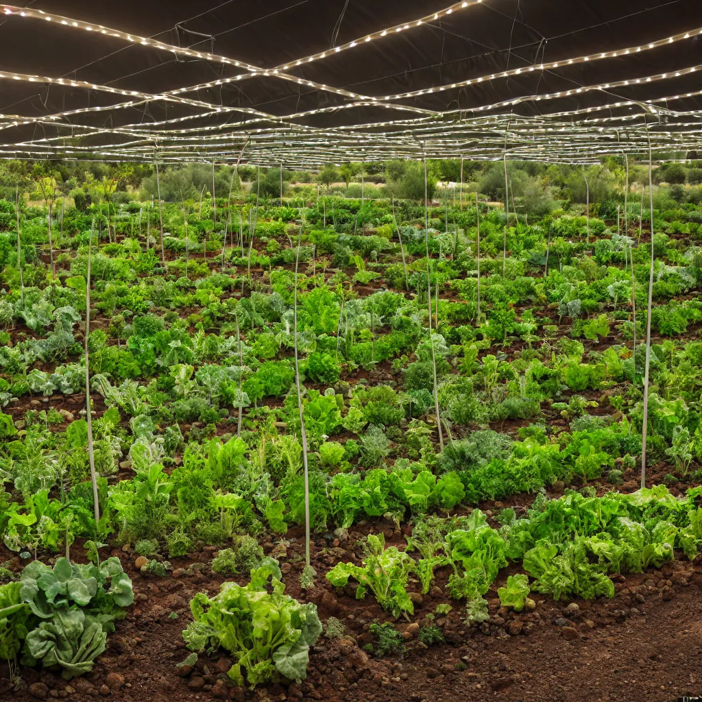 Prompt: permaculture biosphere, closed ecosystem, racks of vegetables propagated under shadecloth, in the middle of the desert, with a miniature indoor lake, XF IQ4, 150MP, 50mm, F1.4, ISO 200, 1/160s, natural light at sunset with outdoor led strip lighting