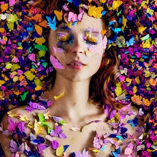 Prompt: a portrait of a woman constructed from flower petals, layered composition, layers, texture, mcu, butterflies, 🦋, highly textured, layered, sculpted, dynamic,