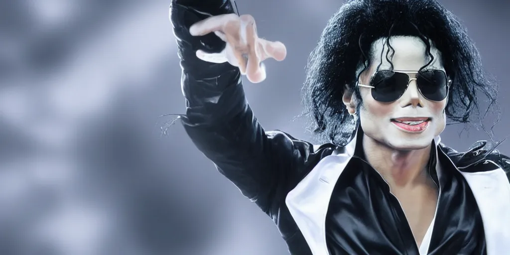 Image similar to michael jackson by himself 2 0 0 9 style wearing shades, studio dancing solo, this is it style, photo real, pores, motion blur, solo, by himself, heroic pose, real life, spotted, ultra realistic face, accurate, 4 k, movie still, uhd, sharp, detailed, cinematic, render, modern