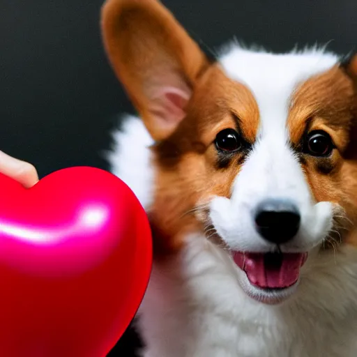 Image similar to a corgi with a heart shaped balloon, very detailed, photo by annie leibovitz, Sigma 85mm, f/1.4