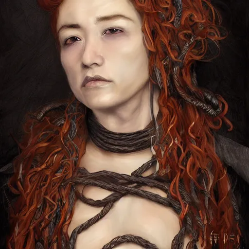 Image similar to portrait of a Shibari rope wrapped face and neck, headshot, insanely nice professional hair style, dramatic hair color, digital painting, of a old 17th century, old cyborg merchant, amber jewels, baroque, ornate clothing, scifi, realistic, hyperdetailed, chiaroscuro, concept art, art by Franz Hals and Jon Foster and Ayami Kojima and Amano and Karol Bak,