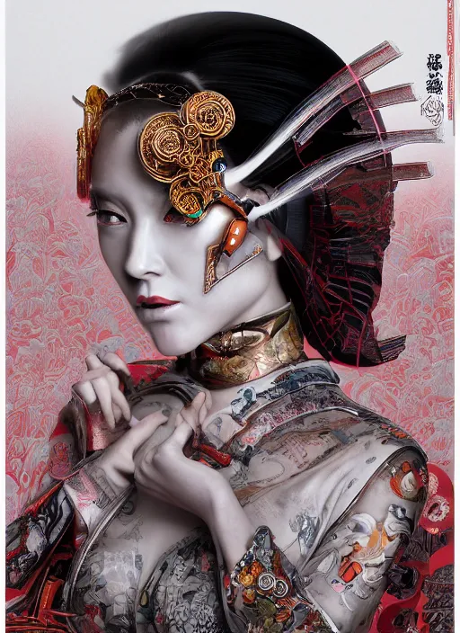 Prompt: portrait of a sensual cyberpunk geisha cyborg with headpiece, imari, modern fine art, fractal, in the style of ghosts in the shell, intricate ornaments, elegant, highly detailed, digital photography, subsurface scattering, by mc escher and greg rutkowski,