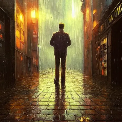 Image similar to a drenched man in a rainy alleyway placing a coin in a vending machine opens an alien portal into another dimension, vivid caustics into another universe, realistic photography, beautiful interior, hyperrealism, incredible, award - winning photography, by greg rutkowski, lovecraftian