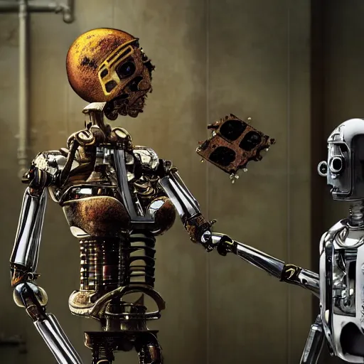 Image similar to a rusting female android holds a broken toaster in her arms, steampunk, android with gears and springs falling out, highly detailed robotic anatomy, high resolution film still, movie by Denis Villeneuve