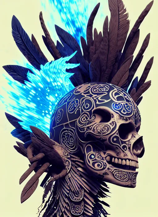 Image similar to 3 d shaman with tattoos profile portrait, sigma 5 0 0 mm f / 5. beautiful intricate highly detailed quetzalcoatl skull and feathers. bioluminescent, plasma, lava, ice, water, wind, creature, thunderstorm! artwork by tooth wu and wlop and beeple and greg rutkowski, 8 k trending on artstation,