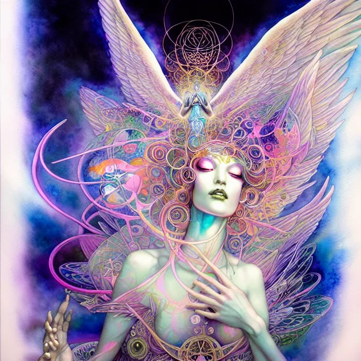 Prompt: psychedelic angelic celestial being by yoshitaka amano, and peter mohrbacher, ayahuasca, sacred geometry, esoteric art, watercolor