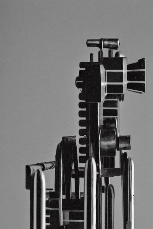 Image similar to a close-up portrait of Marcel Duchamp's industrial chess-piece-building machine in the style of Hito Steyerl and Shinya Tsukamoto and Irving Penn and Robert Frank, minimal contraption