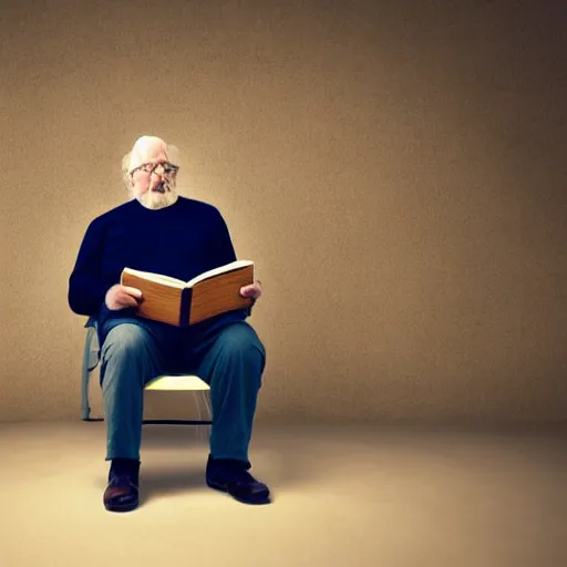 Image similar to old fatman sitting on chair reads book, light stubble, cinematic, dramatic