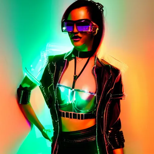 Prompt: a gorgeous, beautiful cyber electro luminescent chocolate disco queen wearing sunglasses, transparent glass skin with neon exo - lighting, cinematic and futuristic, matrix meets shaft