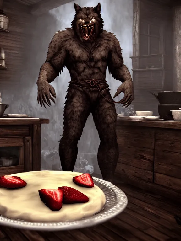 Image similar to cute handsome cuddly burly surly relaxed calm timid werewolf from van helsing sitting down at the breakfast table in the kitchen of a normal suburban home wearing apron having fun baking strawberry tart cakes unreal engine hyperreallistic render 8k character concept art masterpiece screenshot from the video game the Elder Scrolls V: Skyrim
