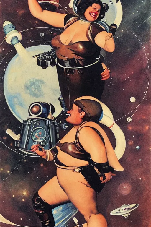 Image similar to 5 0 s pulp scifi fantasy illustration full body portrait laughing overweight woman in leather spacesuit, space scene, by norman rockwell, roberto ferri, daniel gerhartz, edd cartier, jack kirby, howard v brown, ruan jia, tom lovell, frank r paul, jacob collins, dean cornwell, astounding stories, amazing, fantasy, other worlds