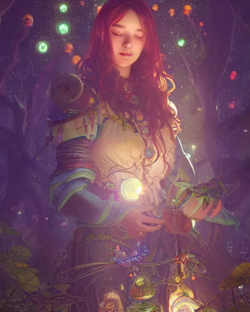 Image similar to girl in solarpunk fantasy village, evening, 4 k, ultra realistic, detailed, epic lighting, starry sky, magical, glowing forest, mushrooms, machines, high detail, masterpiece, trending on artstation by artgerm and akihito tsukushi and alphonse mucha