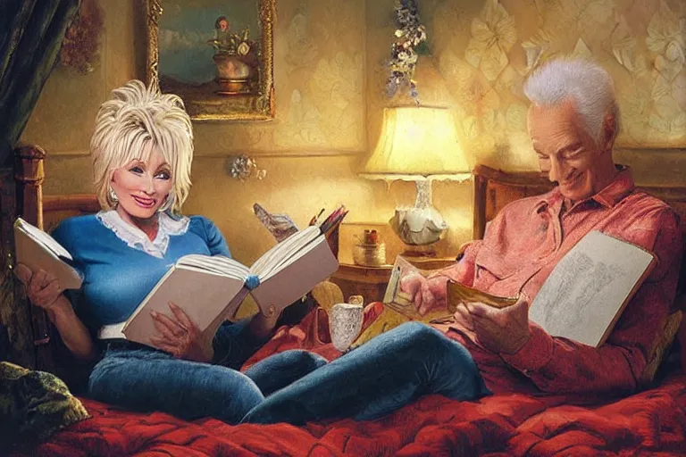 Image similar to portrait of dolly parton reading a bedtime story to bob barker in bed, an oil painting by ross tran and thomas kincade