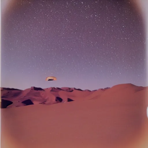 Image similar to a flying saucer hovering over the desert at night, distant!!, historical photo, old polaroid, expired film,