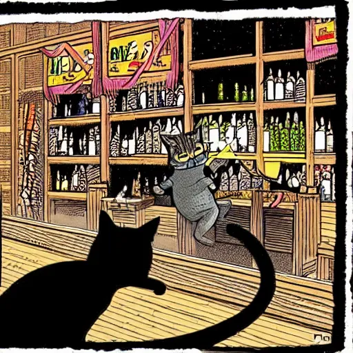 Image similar to detailed intricate colour illustration of a cat robbing a liquor store at gunpoint, comic book style, no speech bubbles, dystopian, dark, akira