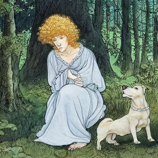 Image similar to girl with curly blonde hair sits in a forest with a white pitbull next to her, highly detailed, painting by rebecca guay