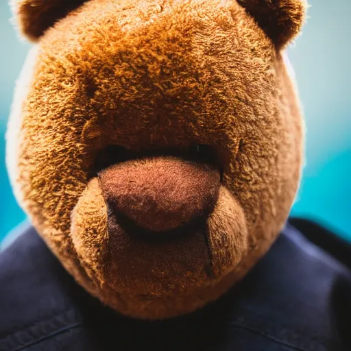 Prompt: cinematic photograph of Kanye West as a anthropomorphic teddy bear, close up, portrait, shallow depth of field, 40mm lens, gritty, textures
