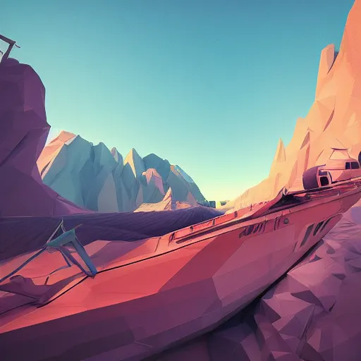 Image similar to super detailed color lowpoly art, big graphic seiner ship, on sunset view with mountains, unreal engine, high contrast color palette, 3 d render, lowpoly, colorful, digital art, perspective, full volume composition, syd mead