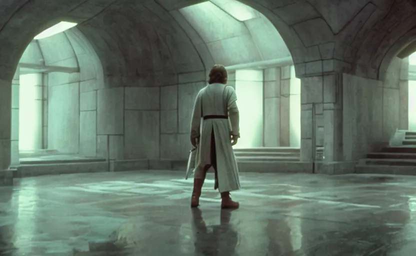 Image similar to screenshot of master Luke Skywalker alone in a a Jedi Temple, objects floating around him, iconic scene from the 1970s thriller directed by Stanely Kubrick film, color kodak, ektochrome, anamorphic lenses, detailed faces, moody cinematography