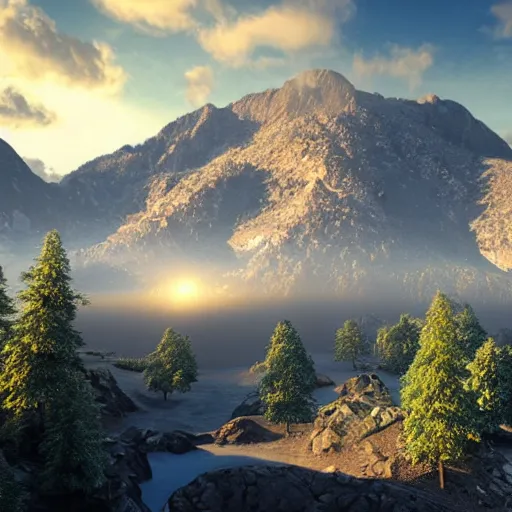 Image similar to mountain scenery, high resolution render, photorealistic, volumetric light