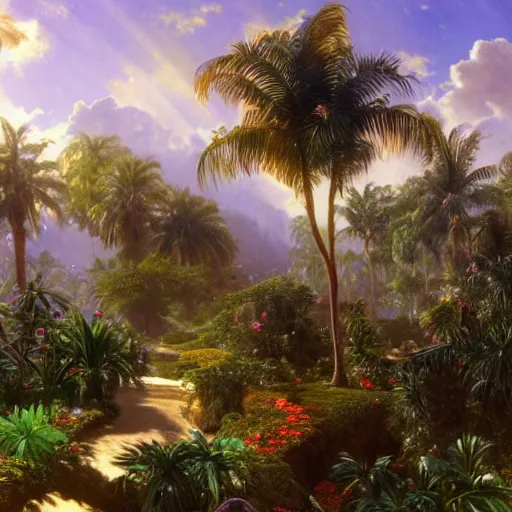 Image similar to a highly detailed matte painting of a garden hedge with tropical flowers, large palm trees, epic fantasy, god rays, ultrawide lens, aerial photography, unreal engine, exquisite detail, 8 k, art by albert bierstadt and alphonse mucha